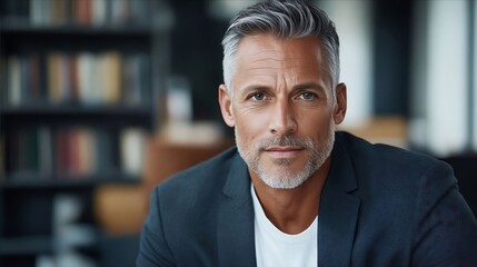 Obraz premium A man in a suit sitting in front of a bookshelf