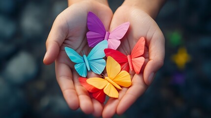 Colorful paper butterflies in hands symbolize unity