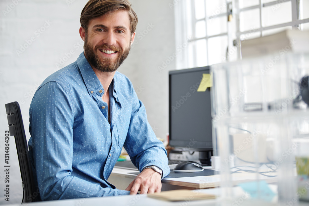 Poster man, portrait and computer for employee administration in office, company website and digital filing