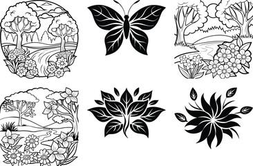 Nature-Themed Black and White Vector Illustrations: Butterfly, Floral Designs, Landscapes, Coloring Book Pages, Botanical Art, Outlines