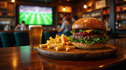A golden sesame bun holds a juicy, well-grilled beef patty. Bright green lettuce and ripe red tomatoes add a fresh contrast. A refreshing pint of beer completes the meal.