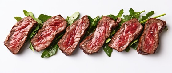 Delicious medium rare steak slices arranged with fresh arugula on a clean white surface perfect for culinary photography