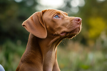 Generative AI Portrait of Adorable Puppy with Light Brown Coat and Bright Eyes Looking Up at Owner