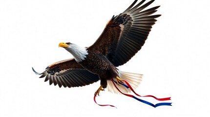 Fototapeta premium gracefully soaring bald eagle with a trailing red, white, and blue ribbon