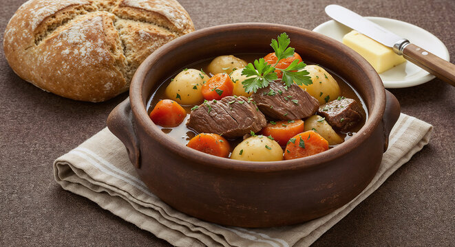 Rustic Homemade Beef Stew with Fresh Bread in Earthenware Bowl