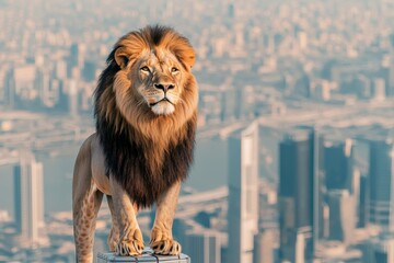 A majestic lion stands atop a ledge overlooking a vast cityscape, showcasing a blend of wildlife and urban life.