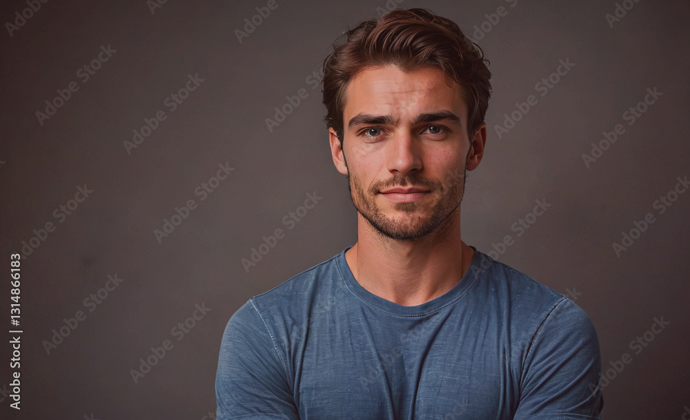 Aufkleber man with a beard and a blue shirt is smiling. he is looking at the camera. the image has a casual an