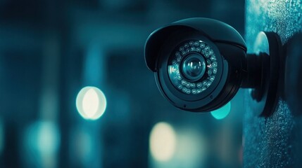 Security camera mounted outdoors at night