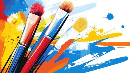Obraz premium Colorful paintbrushes, vibrant splash background, art supplies, creative design, website header