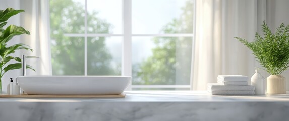 Fototapeta premium Serene Modern Bathroom Interior with Bathtub, Natural Light, Green Plants, and Minimalist Decor for Relaxation and Wellness Purposes