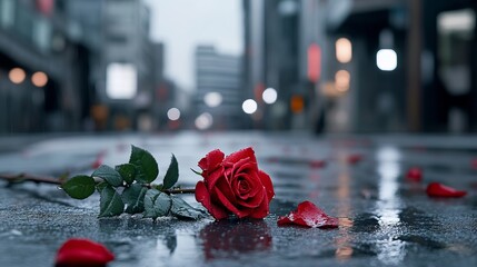 A single red rose sitting on the ground in the rain