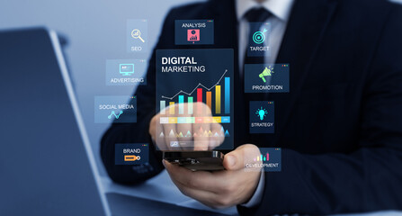 Digital marketing for promotion of products with social media, email, website and channel search...