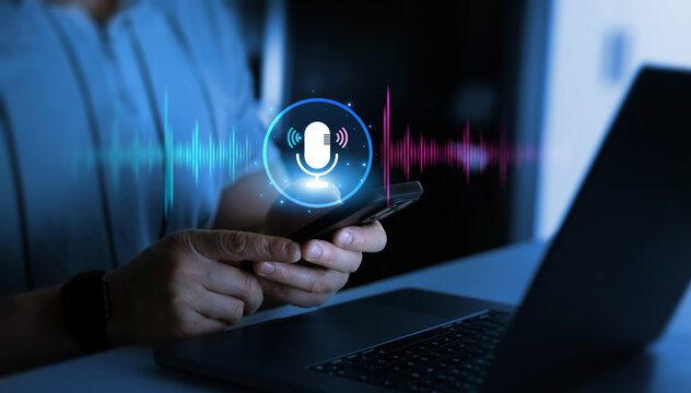 Voice recording and voice search concept.Sound recording or voice search with ai, speaker, music, voice message,assistance and marketing.Person using smartphone with virtual microphone.	 - Powered by Adobe