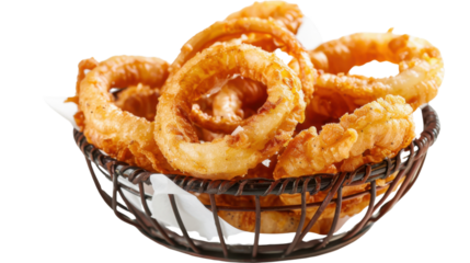 Crunchy onion rings piled high in a basket with transparent background