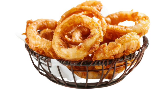 Crunchy onion rings piled high in a basket with transparent background