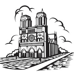 Notre-Dame Cathedral in black and white illustration
