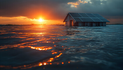 Flooded home, solar panels, sunset