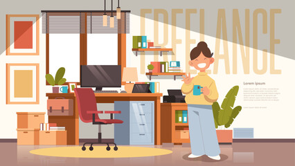 Cartoon Flat Design Freelancer Office Room Illustration