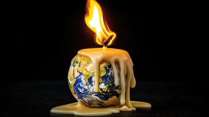 The planet as a melting candle, flames engulfing its edges while hot wax pools beneath.