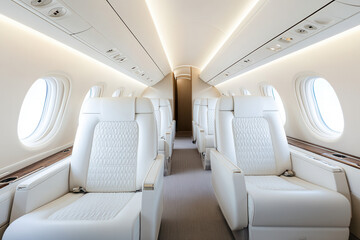 Luxury private jet interior airplane cabin photography modern design wide-angle view travel comfort