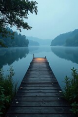 Fototapeta premium Serene Dawn A Misty Lake, Wooden Dock Extending to Tranquil Waters
