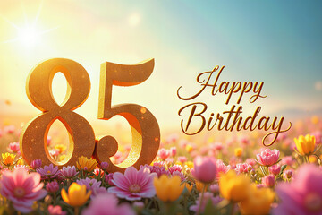 Naklejka premium Greeting card for 85 years. A sparkling golden 85 and Happy Birthday text on a vibrant field of pink and yellow flowers under a sunny sky.