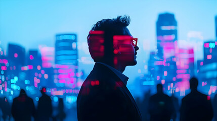 Silhouette of a Businessman in Futuristic Urban Setting at Night