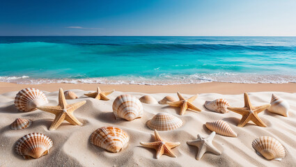 Seashells and starfish on beach sand with blue ocean waves