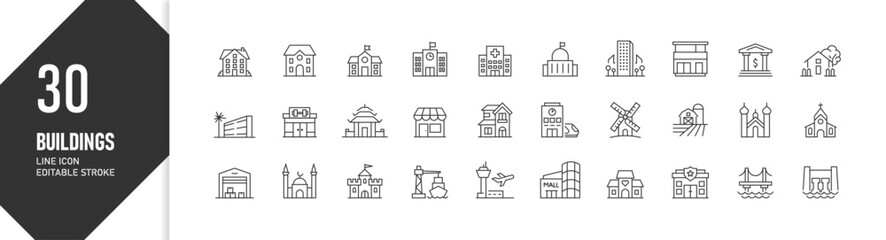 30 building line icons with editable stroke