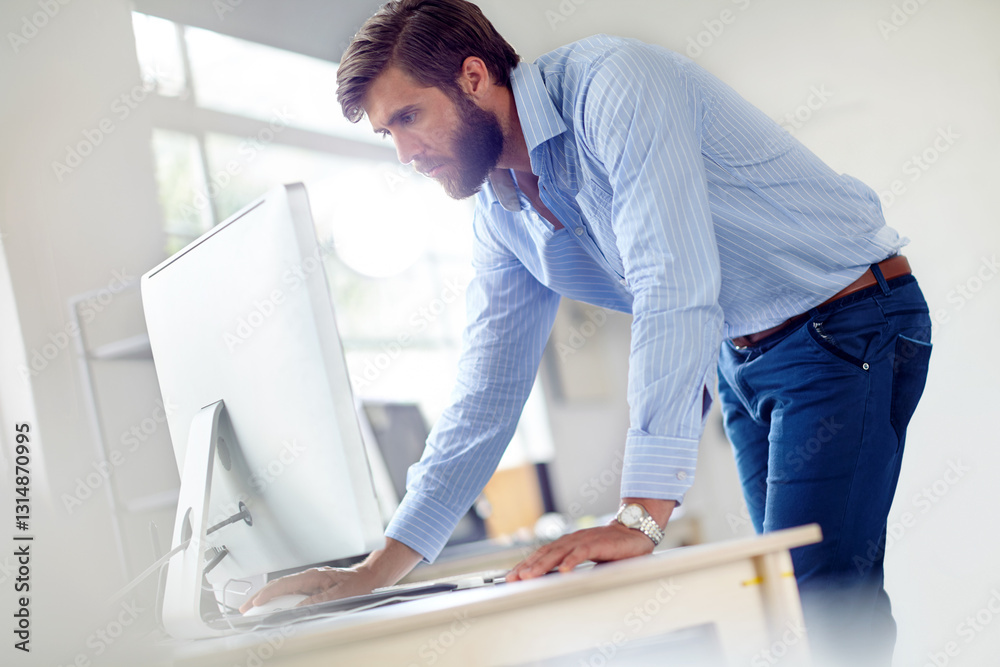 Poster man, computer and project in office, online administration and company website for digital filing. m