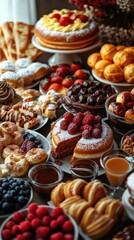 Abundant display of various cakes pastries and berries on a wooden table creating a rich dessert buffet for a festive occasion