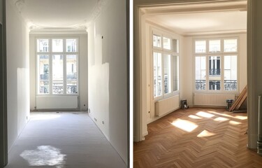 Obraz premium Before & After Empty room renovation, showing flooring and wall paint changes.