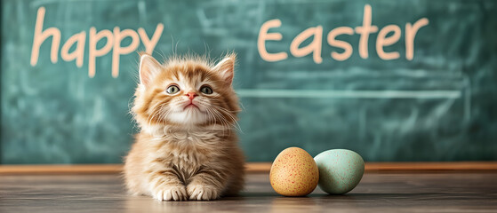cute kitten sitting in front of chalkboard with easter eggs near to him and "happy easter" greetings