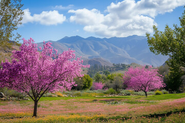 Vibrant Pink Blossoms in a Scenic Mountain Landscape Under Blue Sky