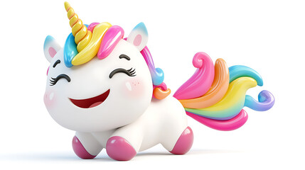 A cartoon unicorn with a rainbow tail is smiling and laughing