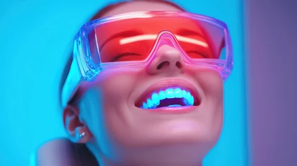 A smiling person wearing colorful glasses, illuminated by vibrant blue and pink lights, creating a cheerful and modern atmosphere. © Emma