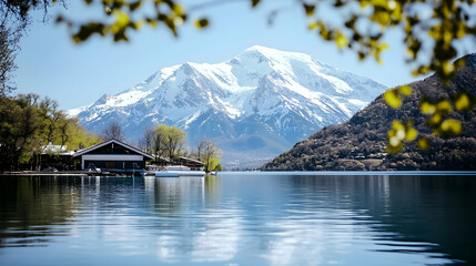 A scenic mountain lake reflecting snow capped peaks and trees