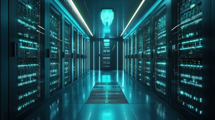 Fototapeta premium Futuristic Data Center: Servers, Technology, and Network Infrastructure