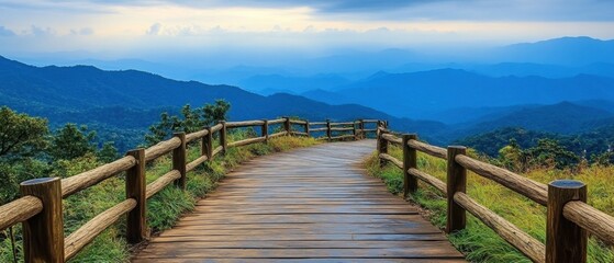 Obraz premium Serene vista from wooden path overlooking misty blue mountain range under cloudy sky in summer