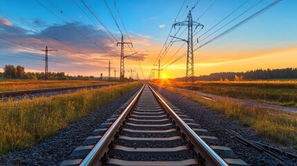 Obraz premium Sunset Railway Tracks: A Journey Towards the Golden Horizon