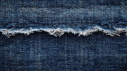 Distressed denim fabric with frayed edges showcasing texture and wear