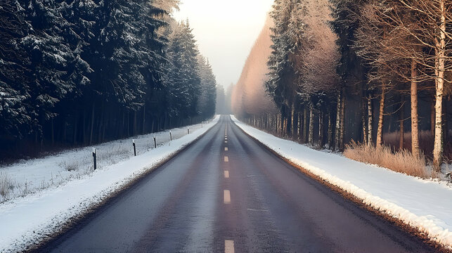 Road through a forest of snow covered trees in wintertime