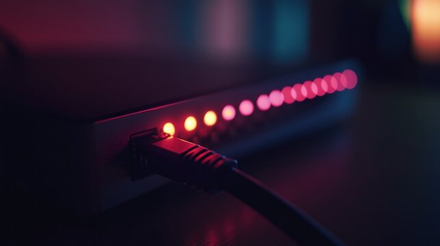 Close-up of a network device with illuminated status lights and a connected ethernet cable