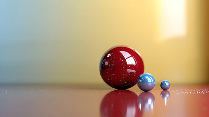 Three shiny spheres of differing sizes are reflecting light beautifully