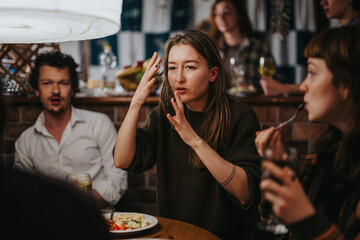 Group of friends sitting together indoors, sharing stories and conversations during a casual social gathering at a bar or home setting.
