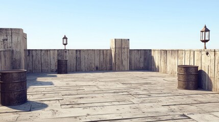 Fototapeta premium Empty wooden rooftop with barrels and lanterns, sunny day