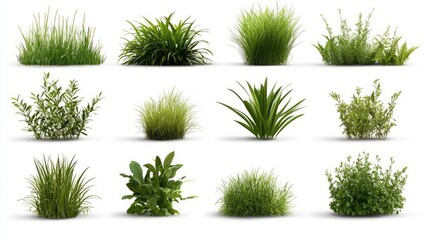 Collection of twelve diverse green plants and grasses isolated on white background, perfect for landscaping or graphic design projects.