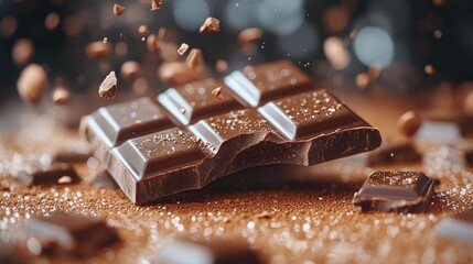 Dark chocolate bar broken, cocoa powder