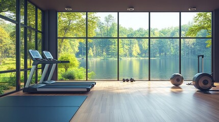 Fototapeta premium Modern Gym with Lake View