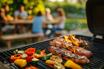 Naklejka premium Mouthwatering Grilled Meat and Vegetables on a Flaming BBQ Grill